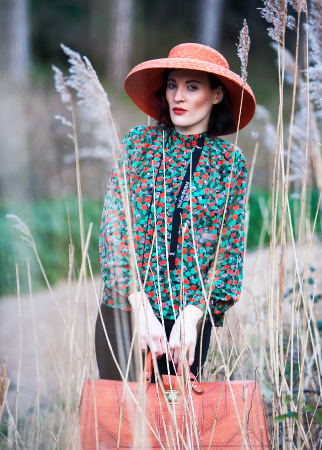 ysl Orange and Green Print Vintage Blouse.Vintage Clothing Online. Vintage Deli. Norfolk. Yves Saint Laurent
